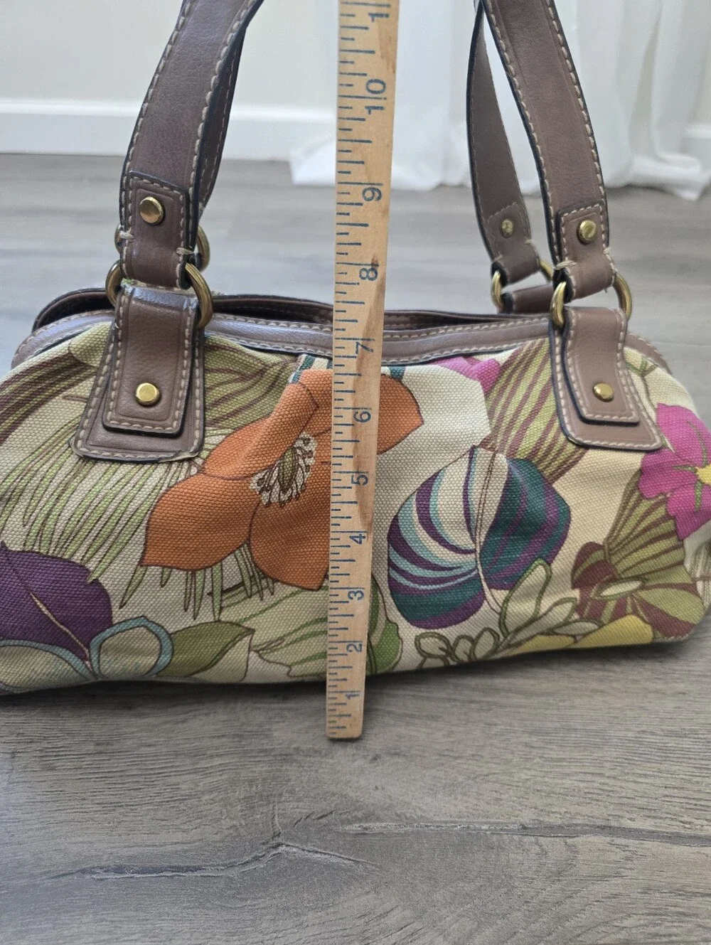 Fossil Key-Per Floral Canvas Hobo Shoulder Bag Brown Leather Trim